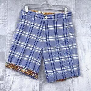 Robert Graham Plaid Shorts Size 30 Blue Checkered Embroidered Trim Luxury Casual